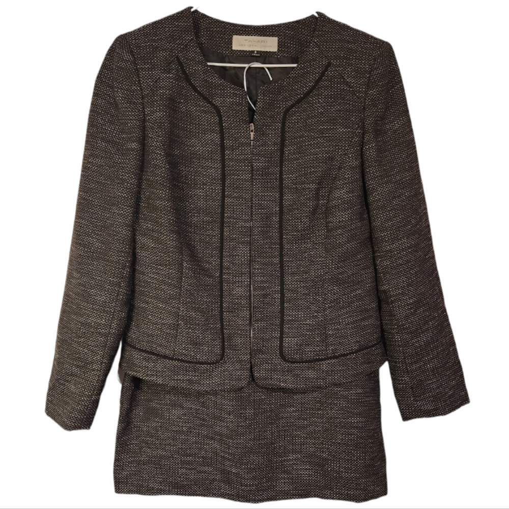 Tahari ASL Long Sleeve Dress Suit Jacket Skirt- Black White - Size 8